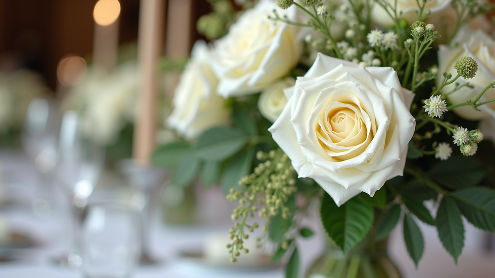 Close-up view of a floral centerpiece with white roses and greenery on a formal wedding table