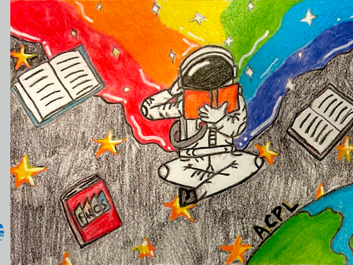 A library student card with art that contains an astronaut reading, rainbow, the world, and a few open books. Artwork by Quinn Kilby.