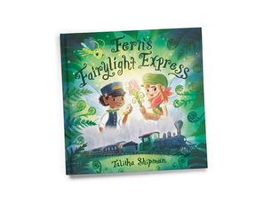A book cover for Fern's Fairylight Express featuring two fairies and a train with other fantasy elements