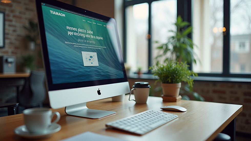 Eye-level view of a modern office workspace with a computer displaying a website design