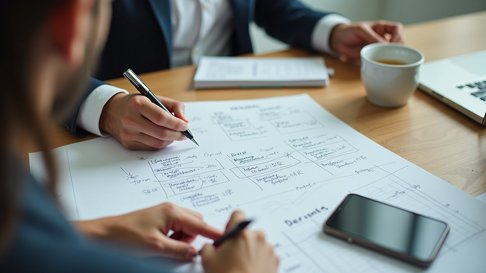 High angle view of a meeting table with design consultation notes