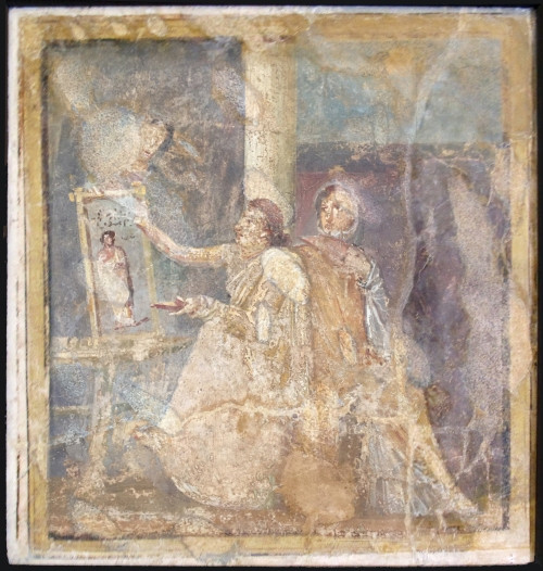 Roman wall painting of a woman painting a picture from the Casa della Imperatrice at Pompeii
