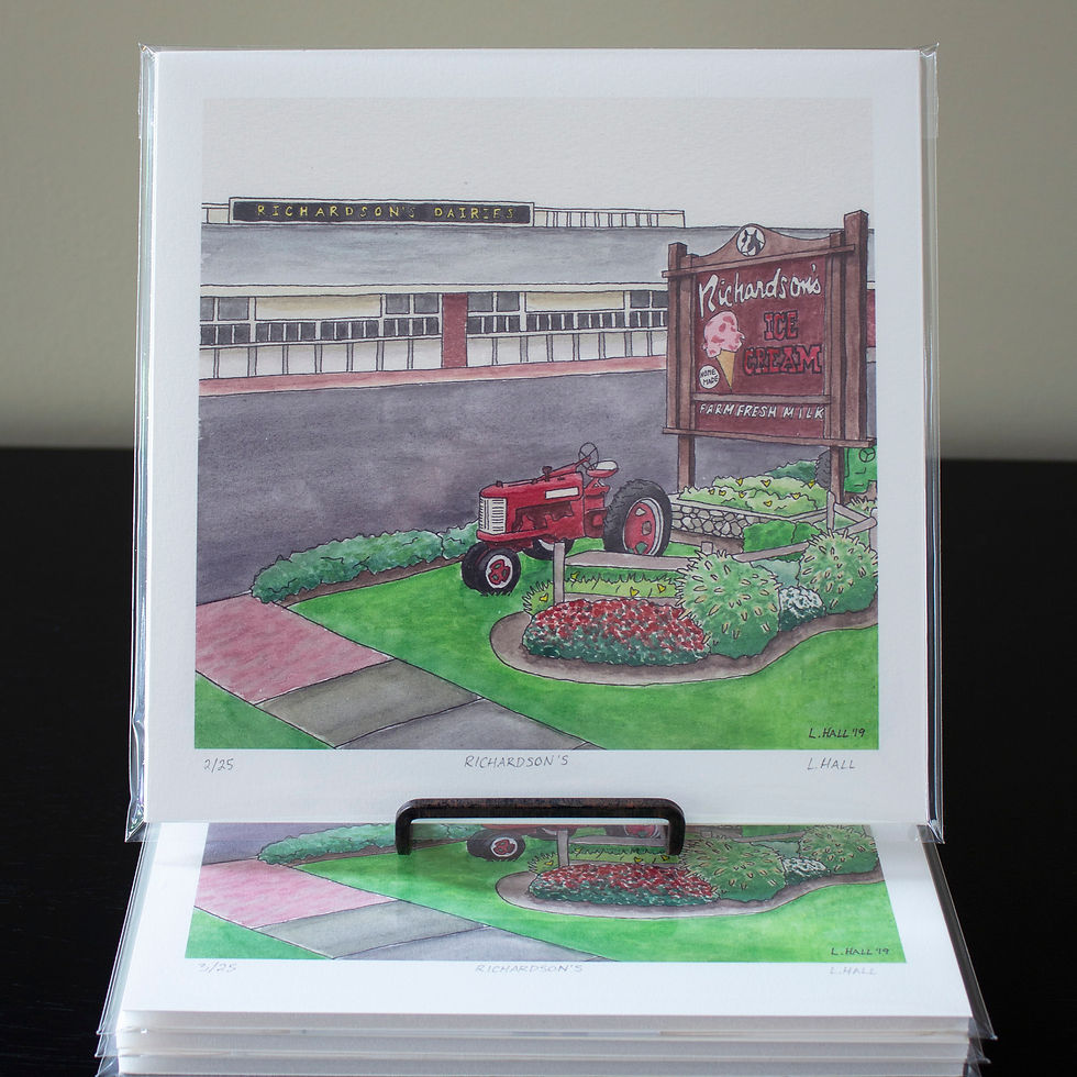 Thumbnail: Displayed art prints of a watercolor painting featuring Richardson's Ice Cream in Middleton, Massachusetts