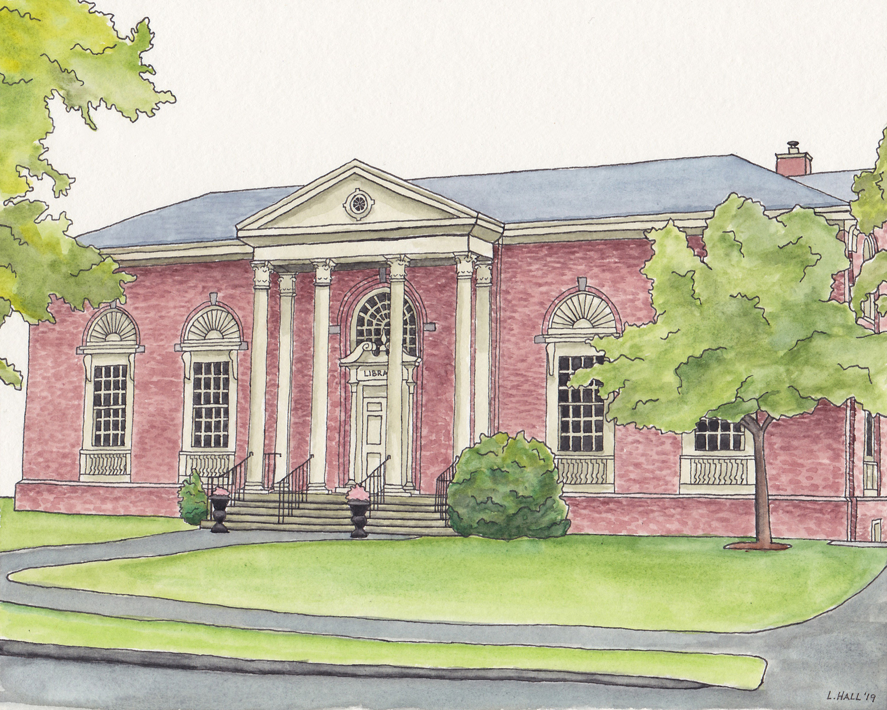 Fine art print of a watercolor painting featuring the public library in Topsfield, Massachusetts