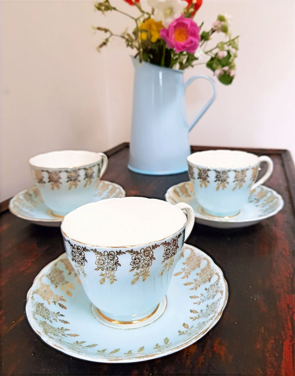 Thumbnail: Set of 3 Adderley 1950's pastel blue & gold teacups & saucers