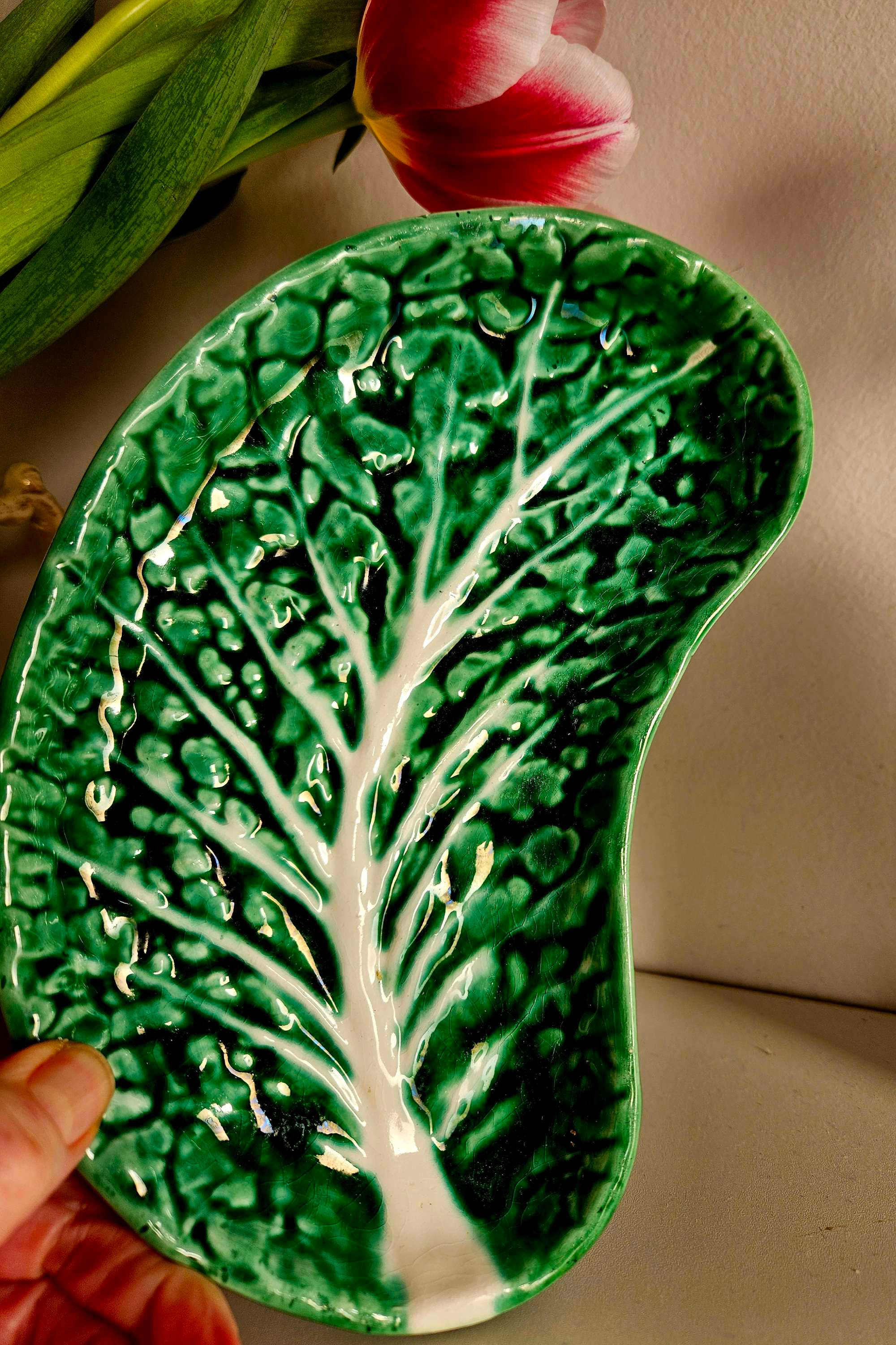 Curved green vintage cabbage leaf dish by Secla, Portugal