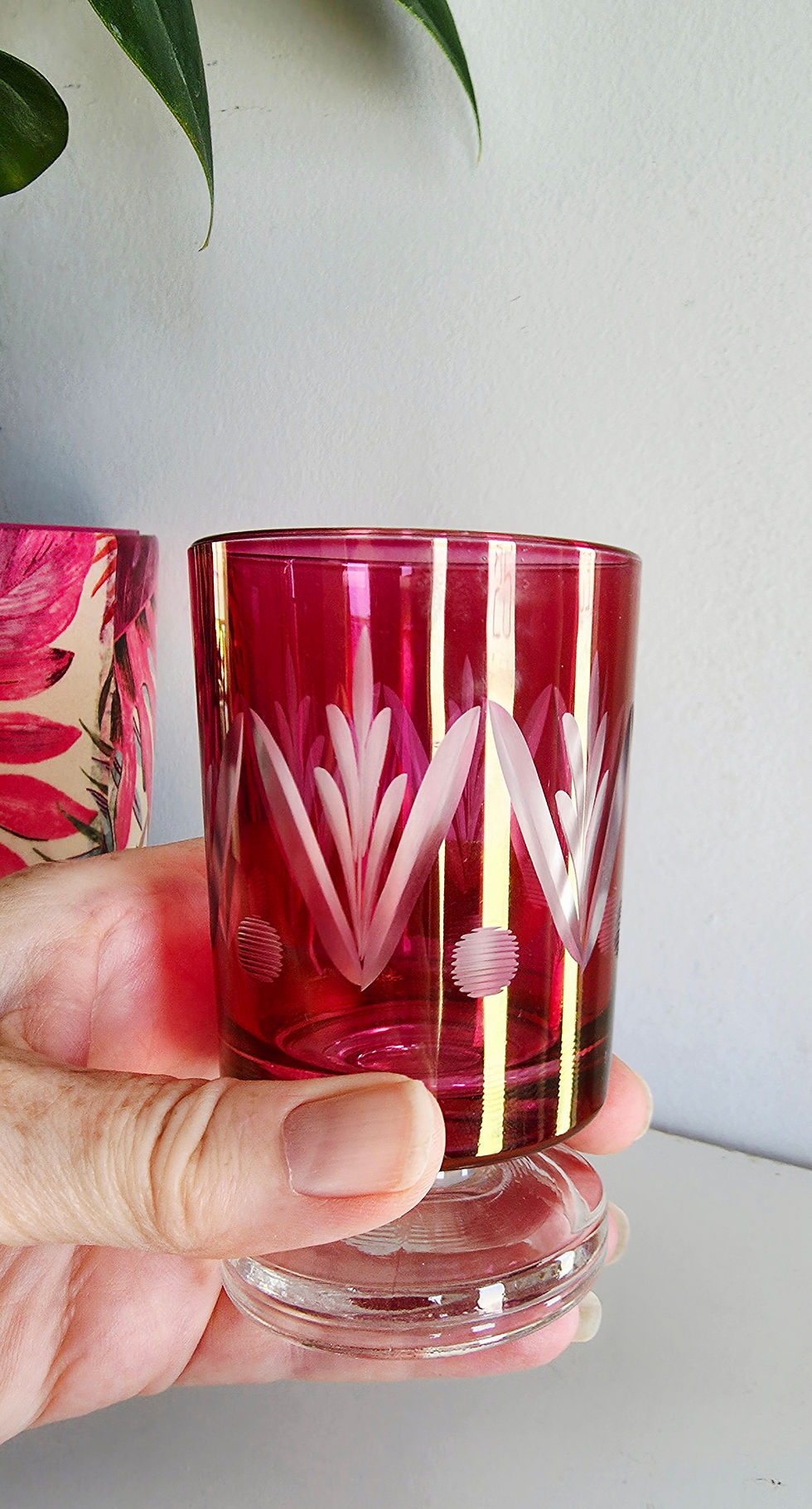 Thumbnail: Set of 5 beautiful cranberry crystal etched wine glasses