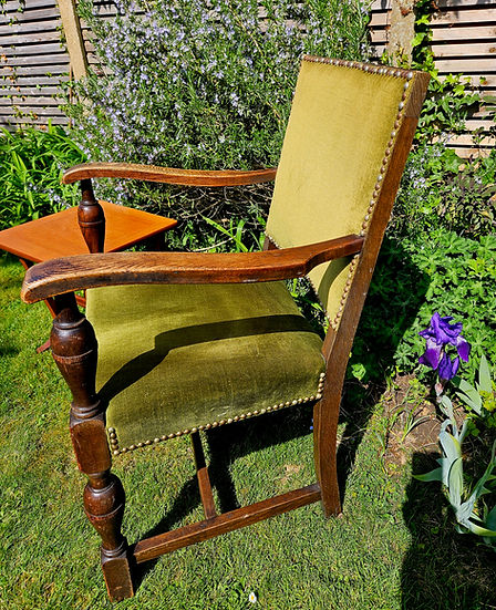 Antique oak carver chair in sage green velvet .jpg