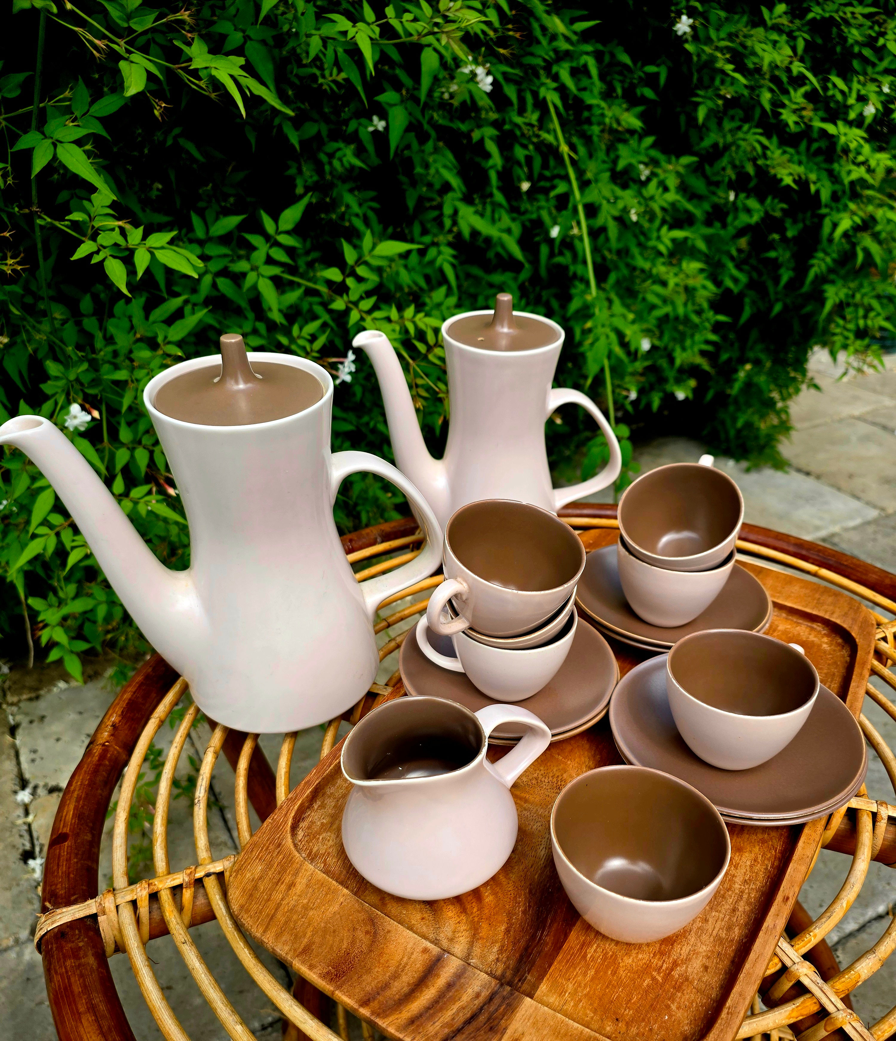 Mid-Century espresso coffee set by Poole Pottery in twintone mushroom & sepia