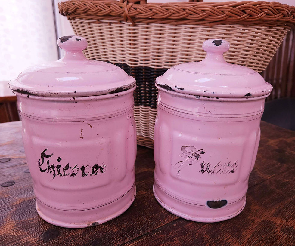 Thumbnail: Pair of French, art deco, enamel storage canisters in pastel pink