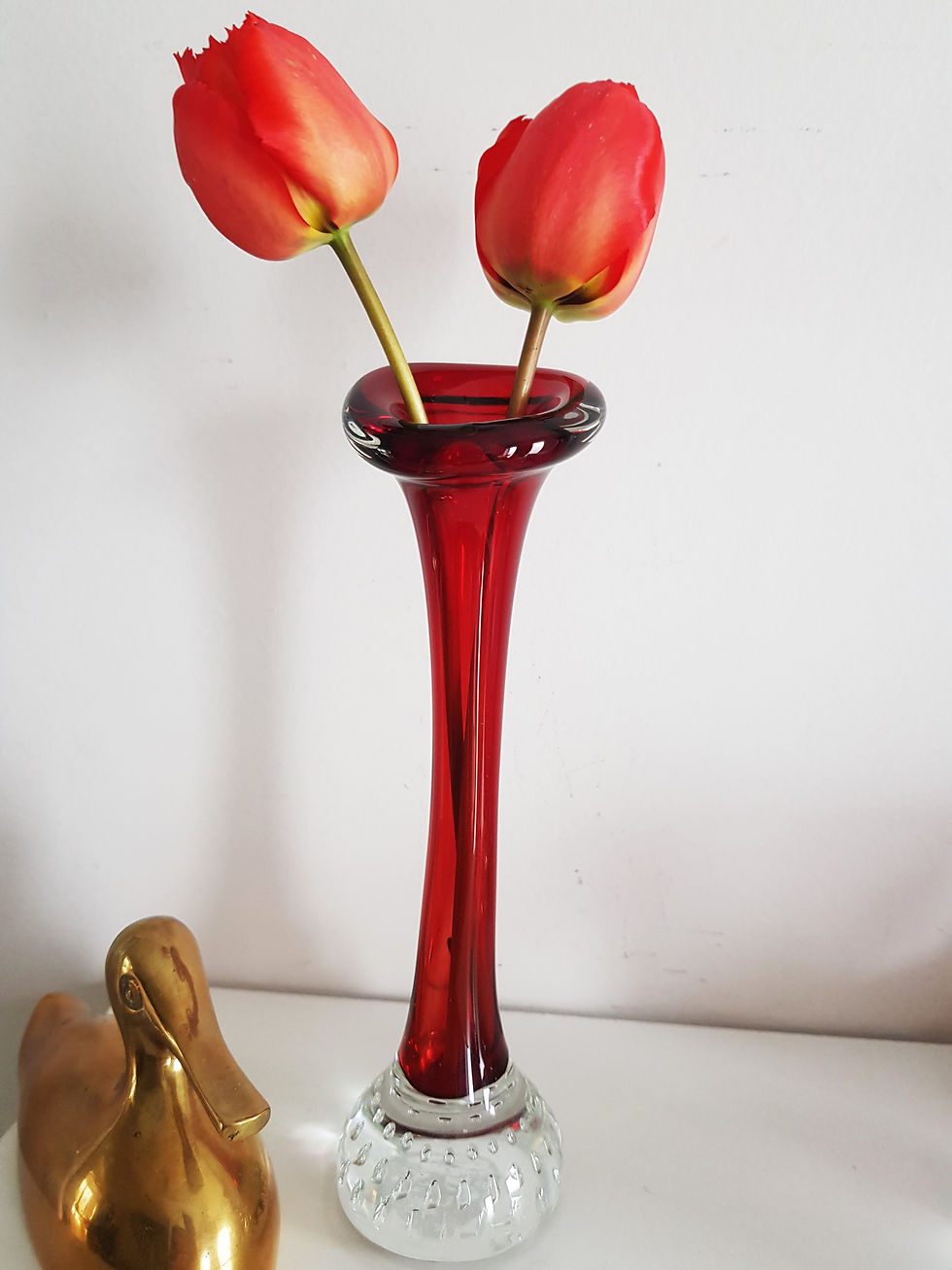 1960's Swedish red glass trumpet vase