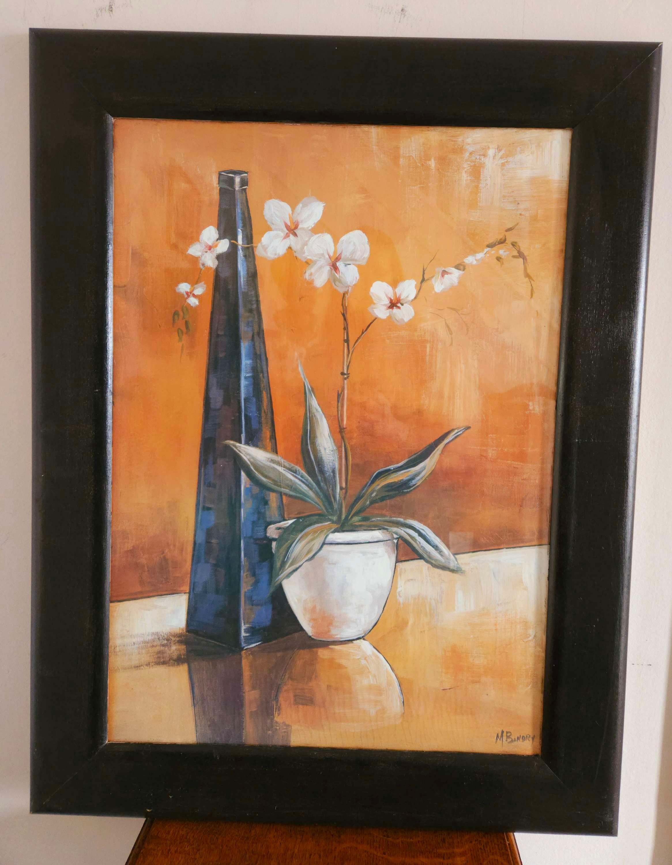 Large Still Life print by M. Bandry in wide, black wood frame
