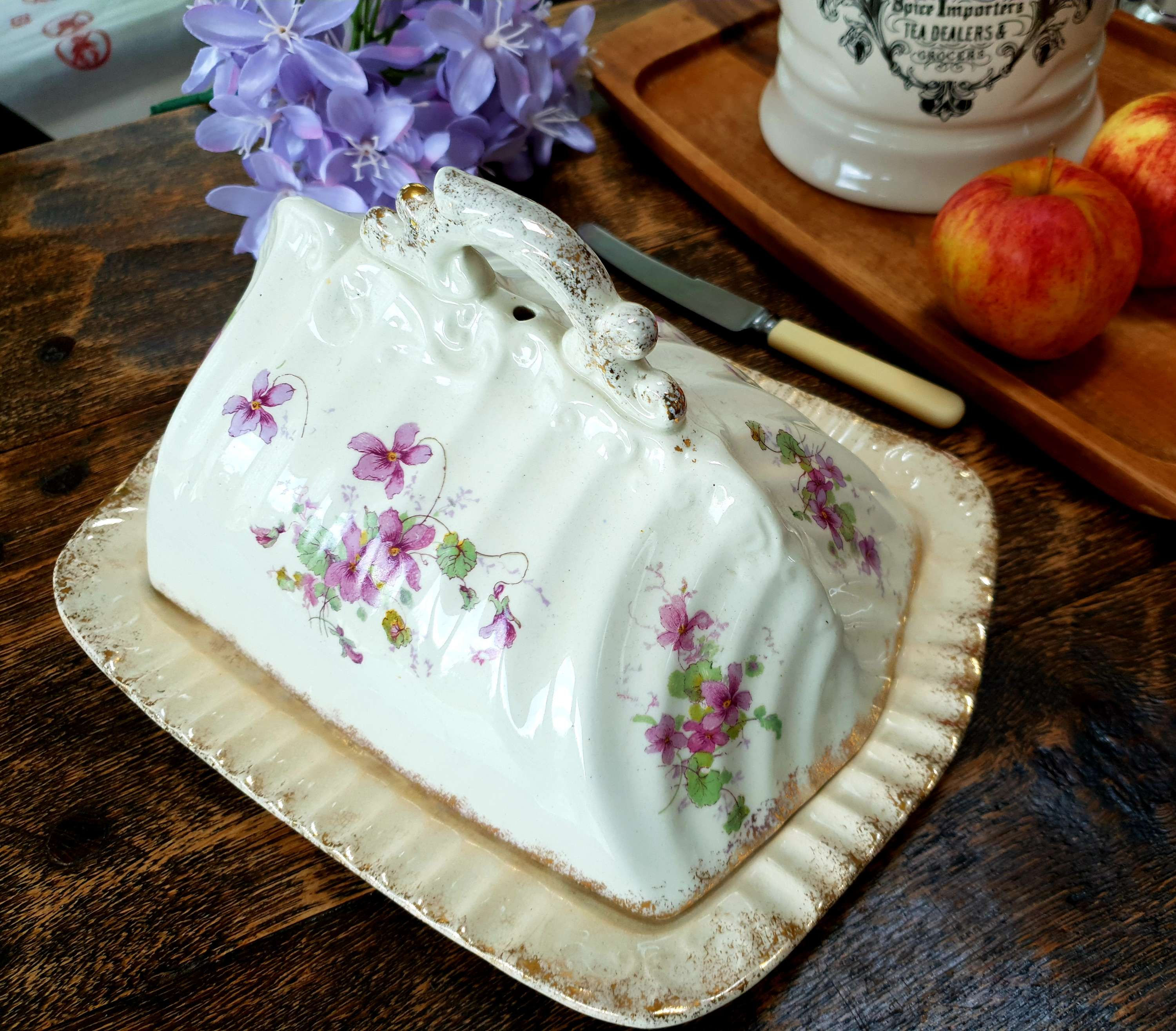 Magnificent Victorian cheese dish with floral decoration and gold trim