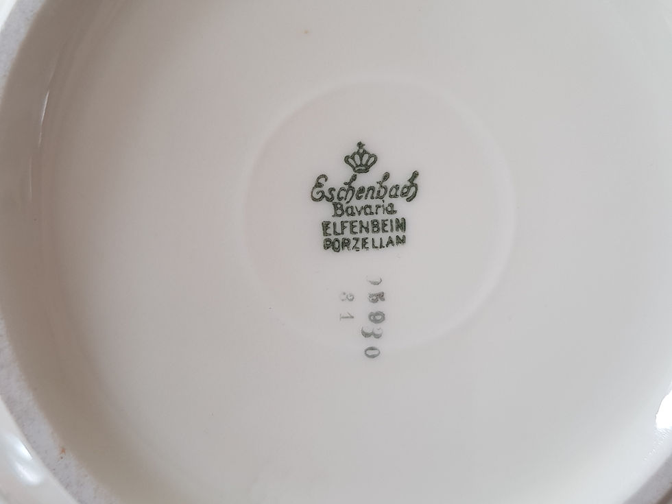 Thumbnail: Antique Bavarian porcelain cream + gold candy pot with 6 dishes