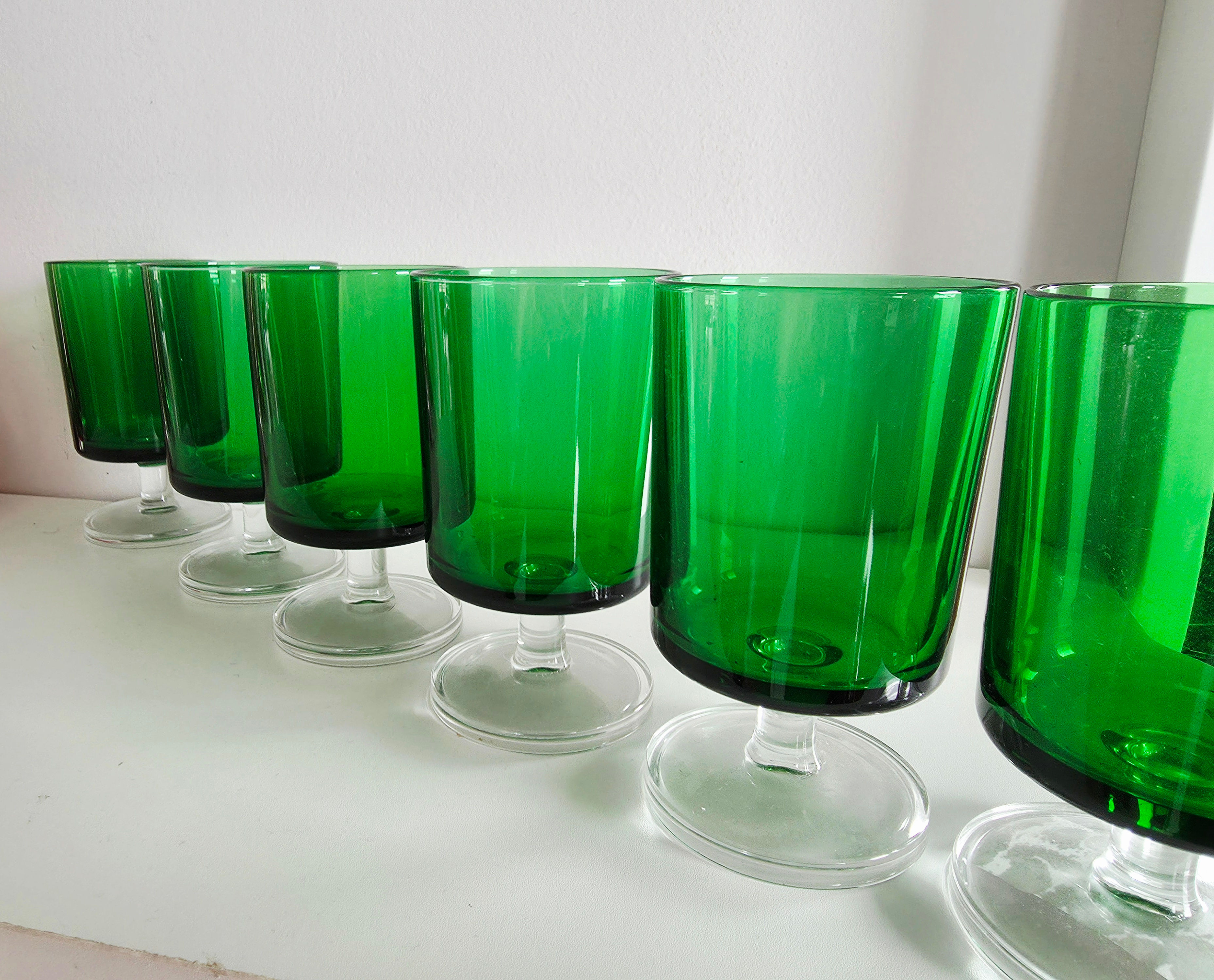 6 flawless French 1970's Cavalier stemmed, green wine glasses by Luminarc