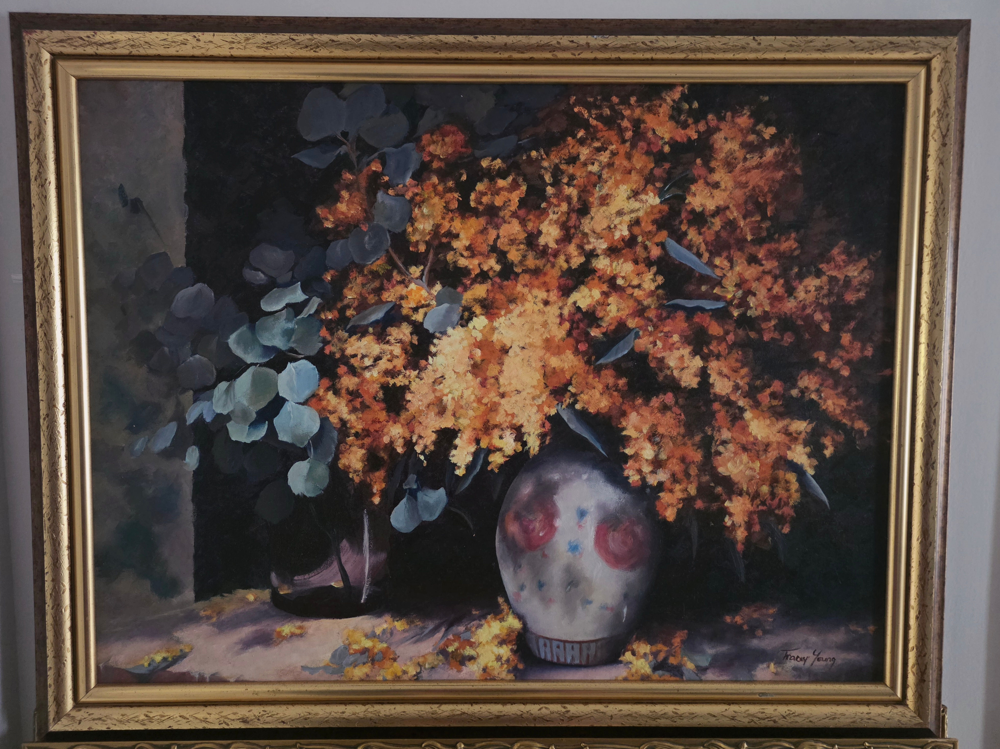 Magnificent large oil painting of still life flowers & foliage in vase