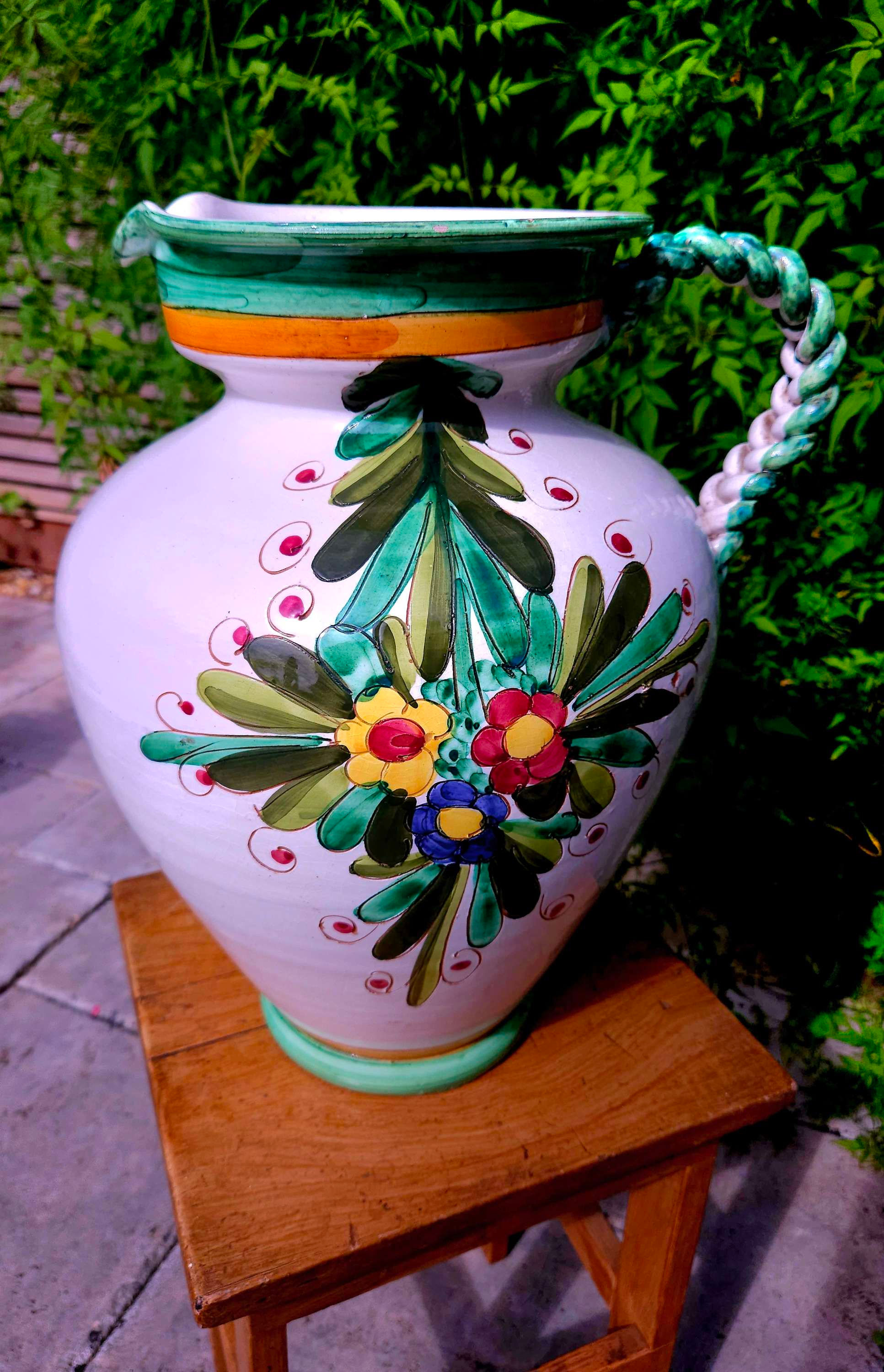 Spectacular, very large Italian ceramic floor vase with braided handle