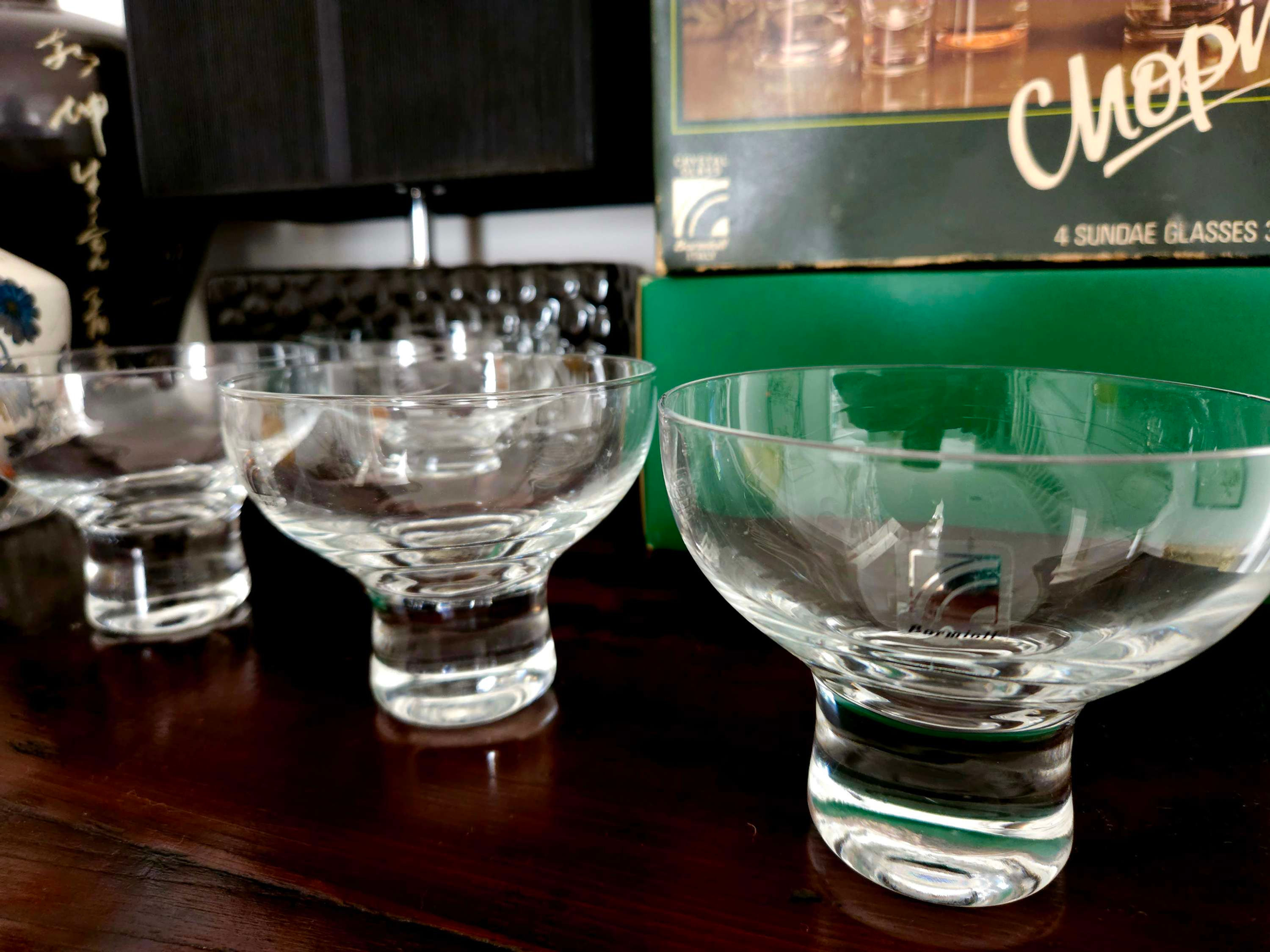 Boxed, unused set of 4 Bormioli 'Chopin' crystal sundae glasses