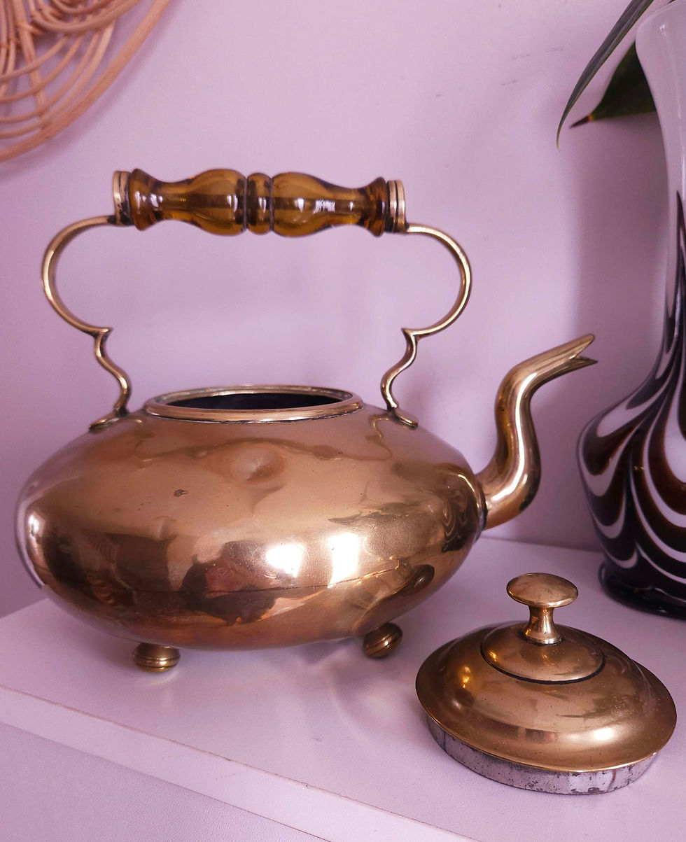 Thumbnail: Antique brass kettle with amber glass handle by J. Clews of Birmingham