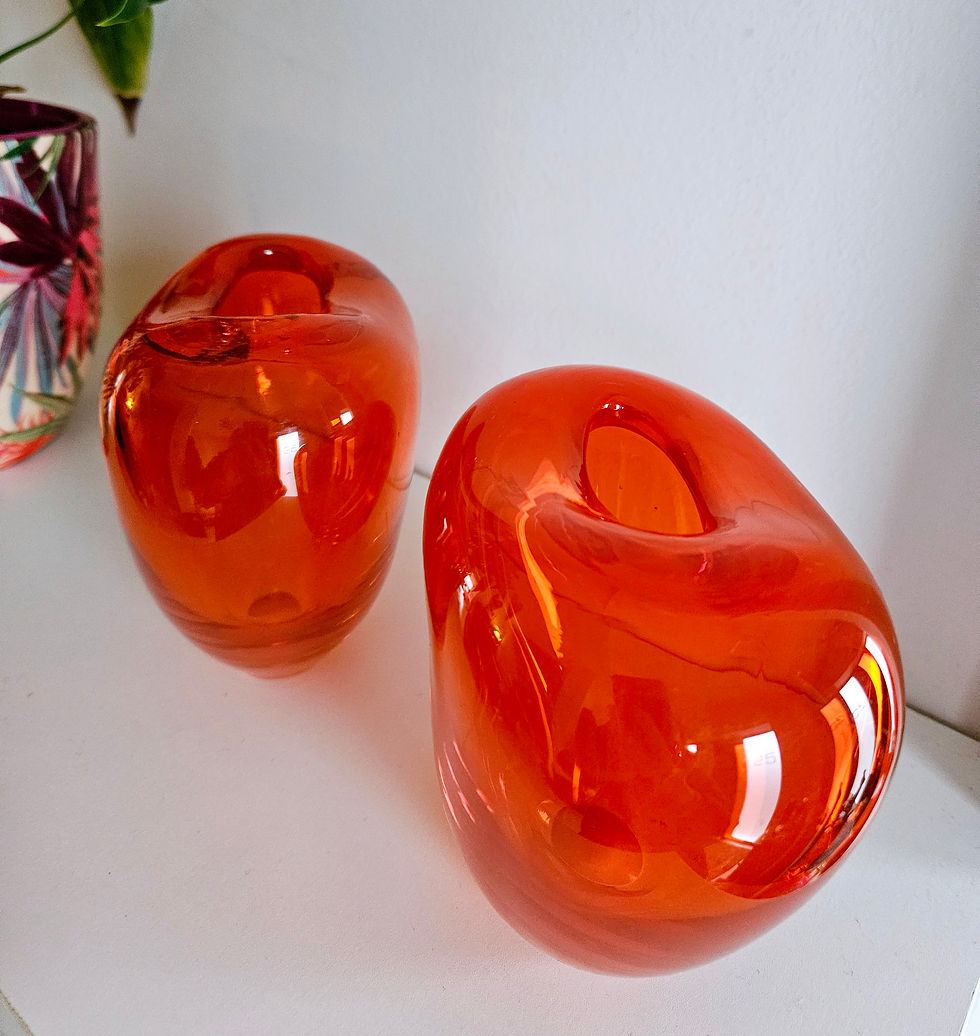 Thumbnail: Pair of chunky glass heart vases in electric orange
