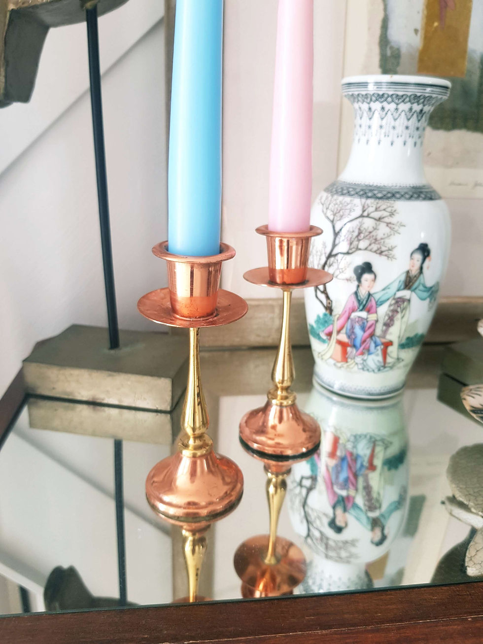 Thumbnail: Rare two-tone, copper & brass candle holders, possibly antique