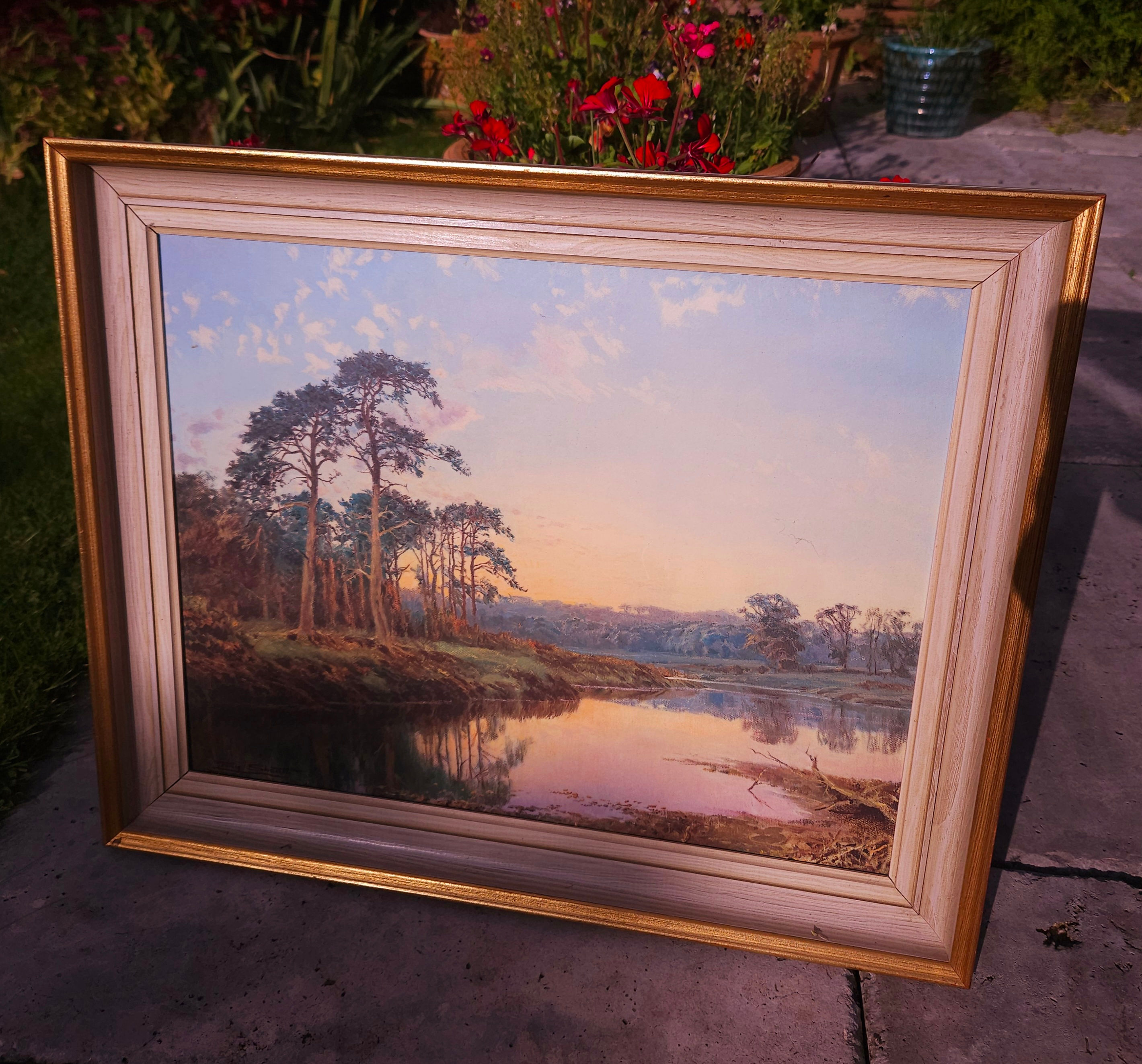 Atmospheric riverside landscape print 'Evening Pines' by Tony Sheath (b.1946)