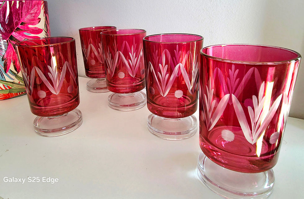 Thumbnail: Set of 5 beautiful cranberry crystal etched wine glasses