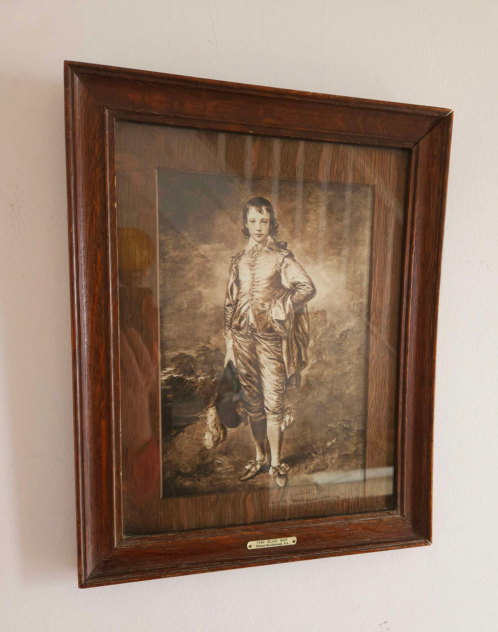Thumbnail: Antique, oak-framed black & white print of The Blue Boy by Gainsborough