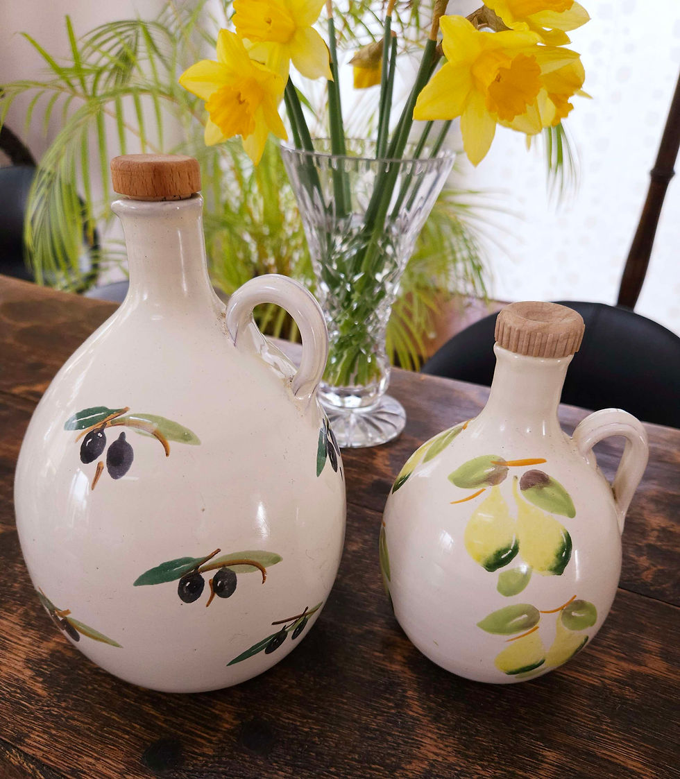 Pair of large, rustic, Italian, olive oil or condiment urns