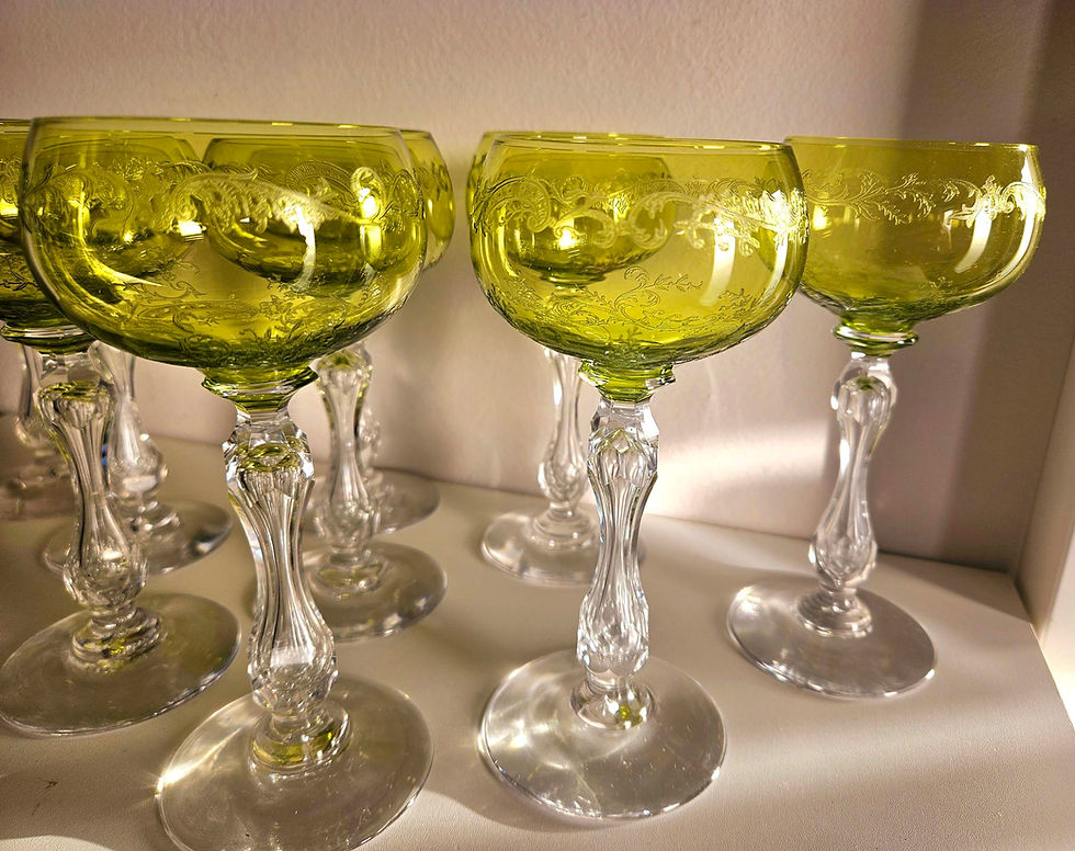 Thumbnail: Pair of antique, uranium St Louis French crystal hock glasses in lime green