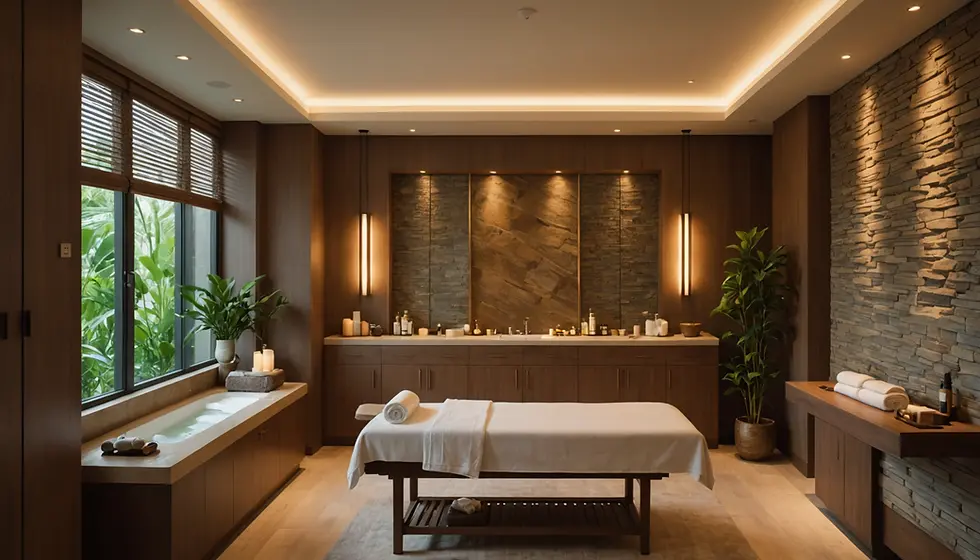 Spa room with a massage table, candles, and plants. Stone walls and a wooden interior set a serene mood. Large window with greenery outside.
