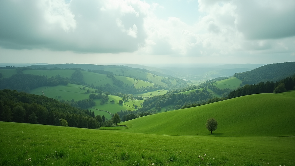 Wide angle view of a lush green valley in the Eifel region