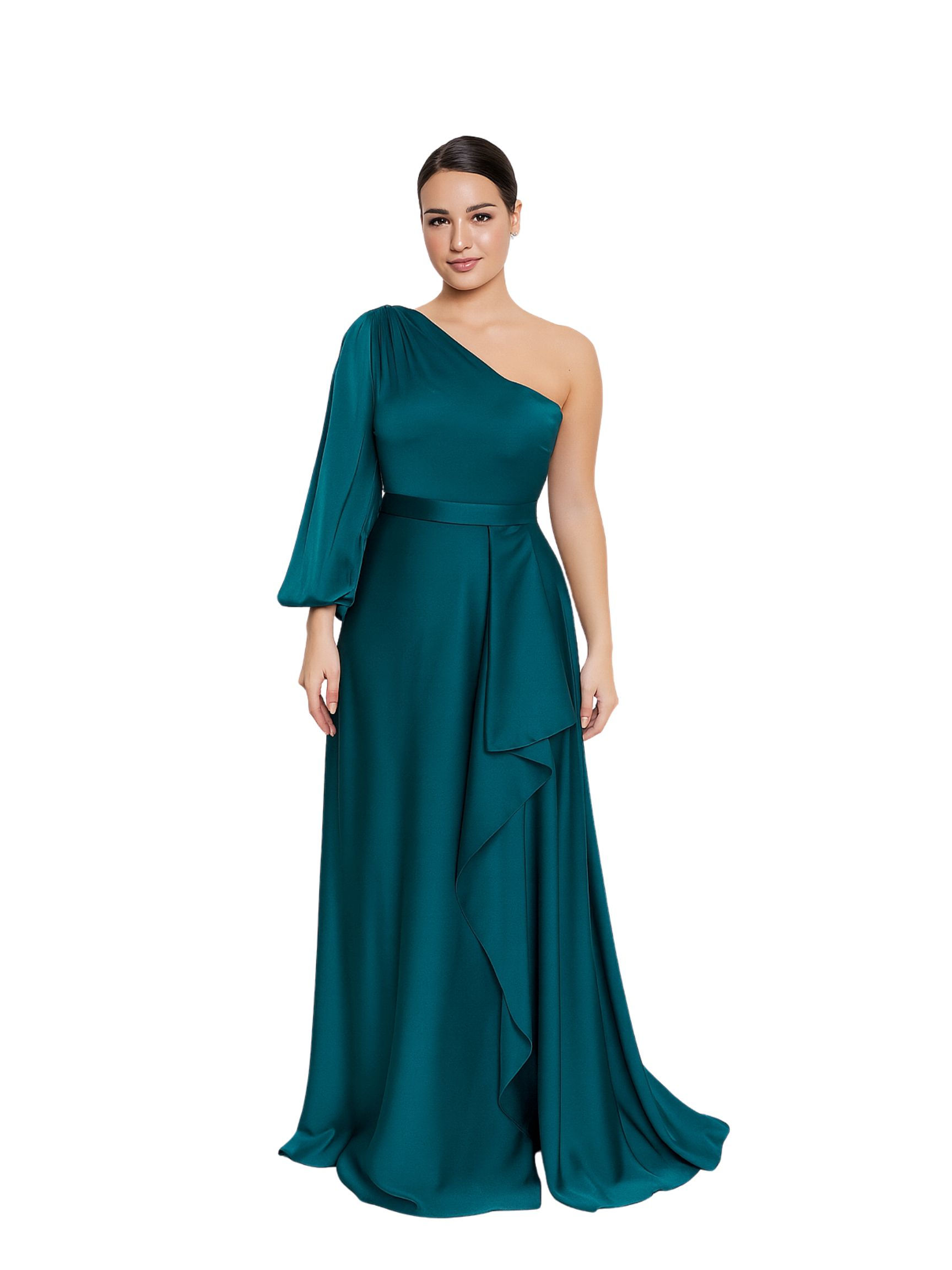 Teal Silk One-Shoulder Flutter Drape