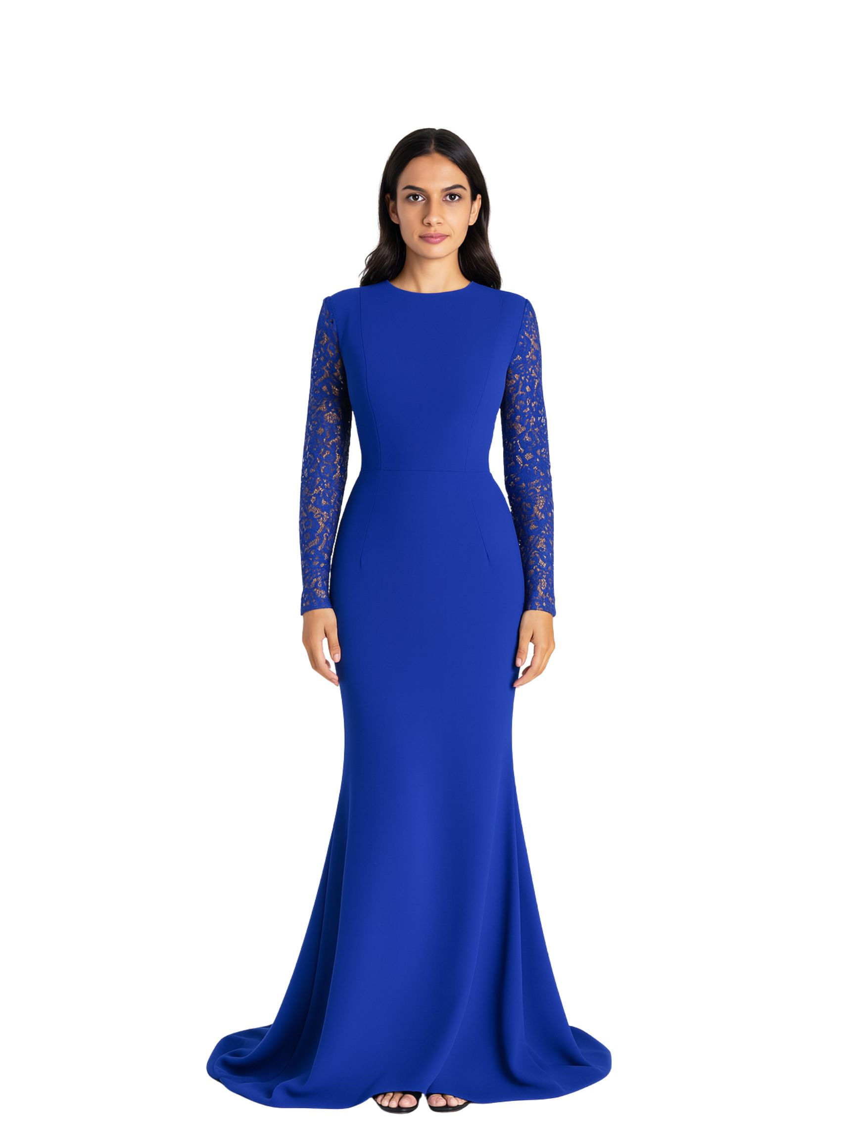 Long Lace Sleeve Gown in Sapphire Blue