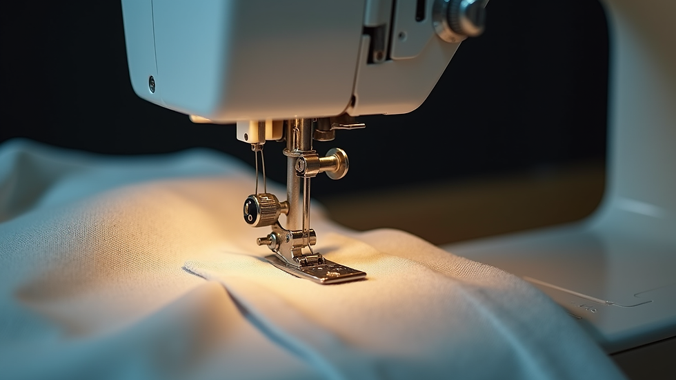 Close-up view of a sewing machine stitching a bespoke garment
