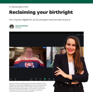 Zuzana Palovic speaking with Michael Mojher from California about his eligibility for Slovak citizenship. Global Slovakia offers free daily consultations to Slovak descendants eager to reconnect with their heritage and reclaim their European passport.