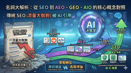 從 SEO 到 AEO、GEO、AIO 的核心概念對照