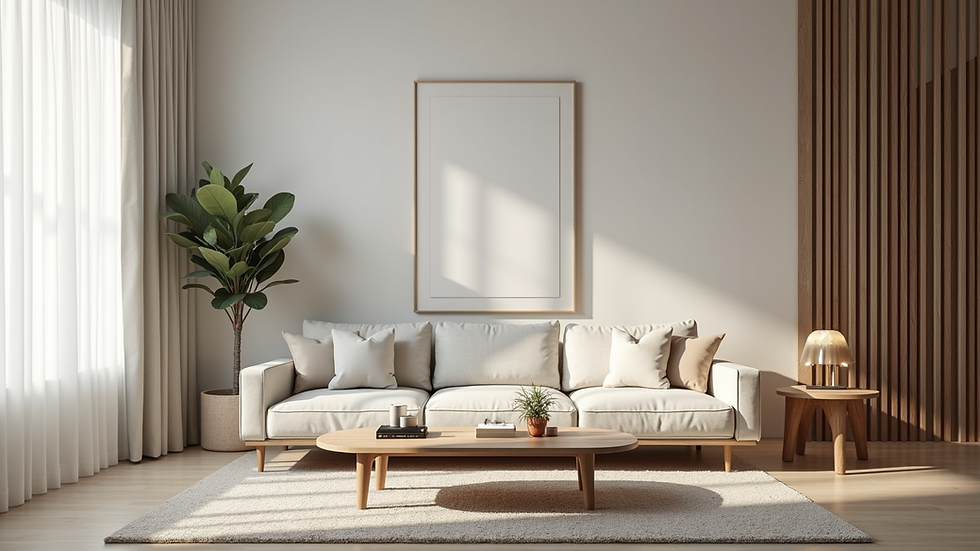 Eye-level view of a neatly organized living room with minimalist decor