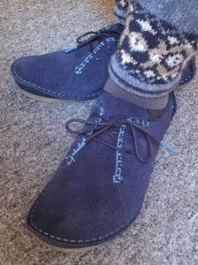 No more foot pain! See how the medial (inside) edge has a square-ish corner, instead of being rounded? Wide at the ball of the foot isn't enough - that big toe needs to be able to move and spread outwards. These are my new favorites, Clark's "Faraway Field," available in other colors if you aren't into blue suede shoes. :)