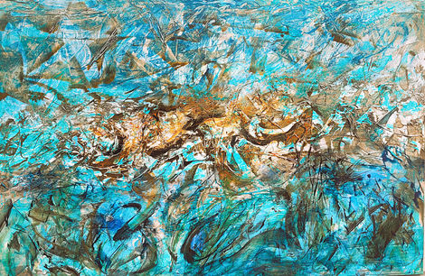 Abstraktes Gemälde „Aufsteigende Erinnerungen“ in Türkis‑, Rost‑ und Brauntönen mit dynamischen, fließenden Strukturen, die an Wasserbewegung und energetische Transformation erinnern. Acryl auf Leinwand, 100 × 150 cm.