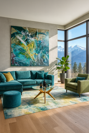 Abstraktes Gemälde mit dynamischen Türkis-, Gelb- und Weißtönen, voller Bewegung und Tiefe.