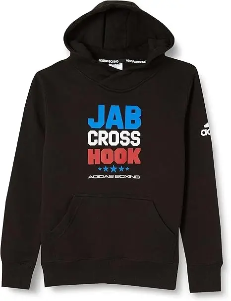 Felpa nera con cappuccio “JAB CROSS HOOK” e logo Adidas.