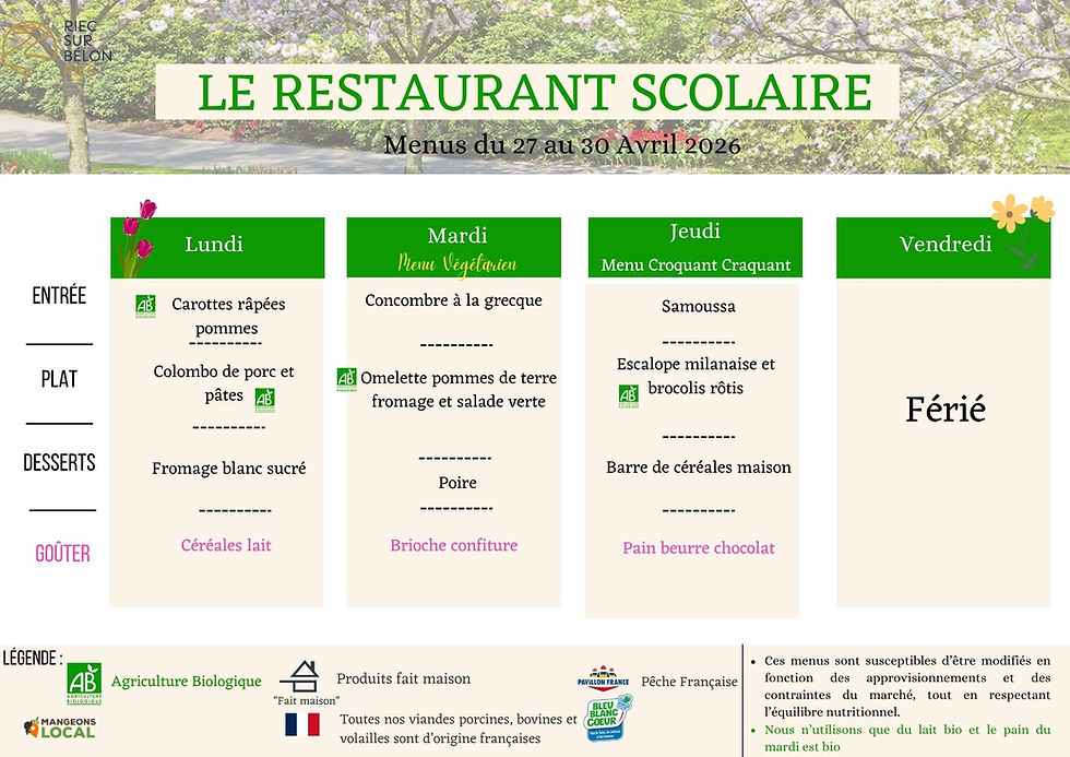 Menus du restaurant scolaire du 27/04 au 07/05