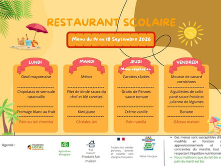 Menus du restaurant scolaire - 14 au 25/09/2025