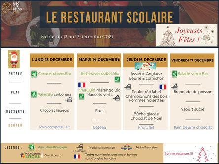 Menus du restaurant scolaire - Semaine du 13 au 17 décembre 🎅🎅🎅