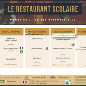 Menus restauration scolaire du 27/11 au 08/12