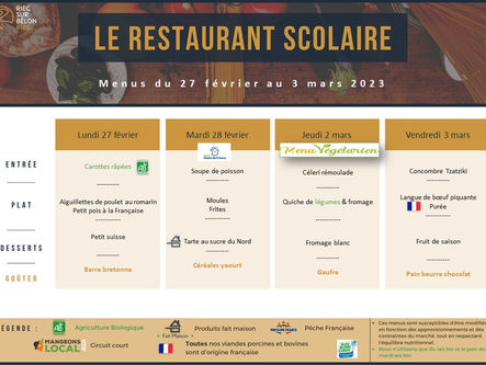 Menus restaurant scolaire du 27 février au 3 mars