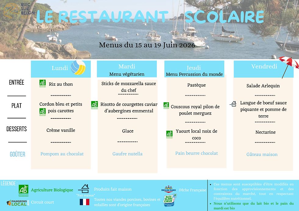 Menus restaurant scolaire