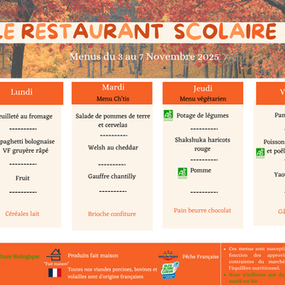 Menus de la restauration scolaire du 3 au 14 novembre
