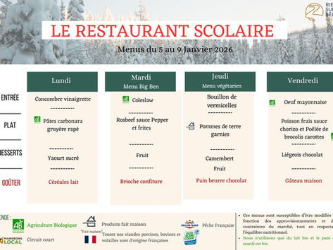 Menus restaurant scolaire du 5 au16 janvier 2026